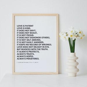 1 Corinthians 13:4-7 Love is patient love is kind, Minimalist Bible Verse Scripture Printable, Christian Wall Art Print (Digital Download)