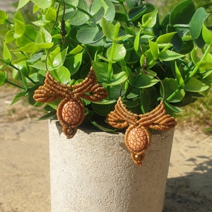 Könnte beinhalten: Ein Paar braune Makramee-Ohrringe mit einem pfirsichfarbenen, geometrisch gemusterten Perlen. Die Ohrringe hängen an einer Topfpflanze.