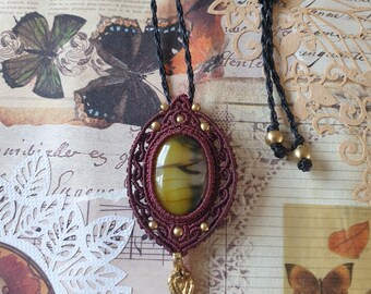 Burgundy Micro Macrame Tigers Eye Wrapped Necklace | Beaded Elegant Jewellery | Synthetic Tigers Eye Necklace