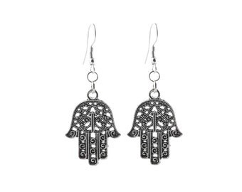 Hamsa Hand Earrings | Silver Dangle Drop Earrings | Hand of Fatima Earrings