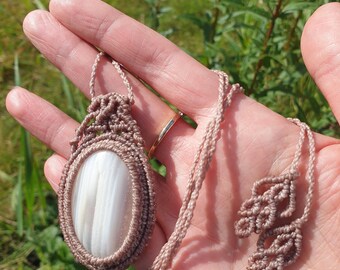 Micro Macrame Botswana Agate Pendant | Boho Hippie Necklace | Pink Macrame Jewellery