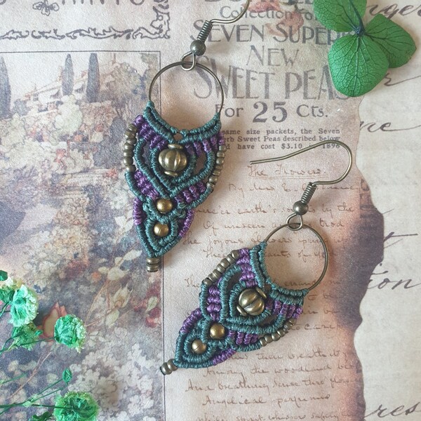 Pendientes Micro Macrame de latón / Pendientes de hadas del bosque / Joyería Boho Hippie