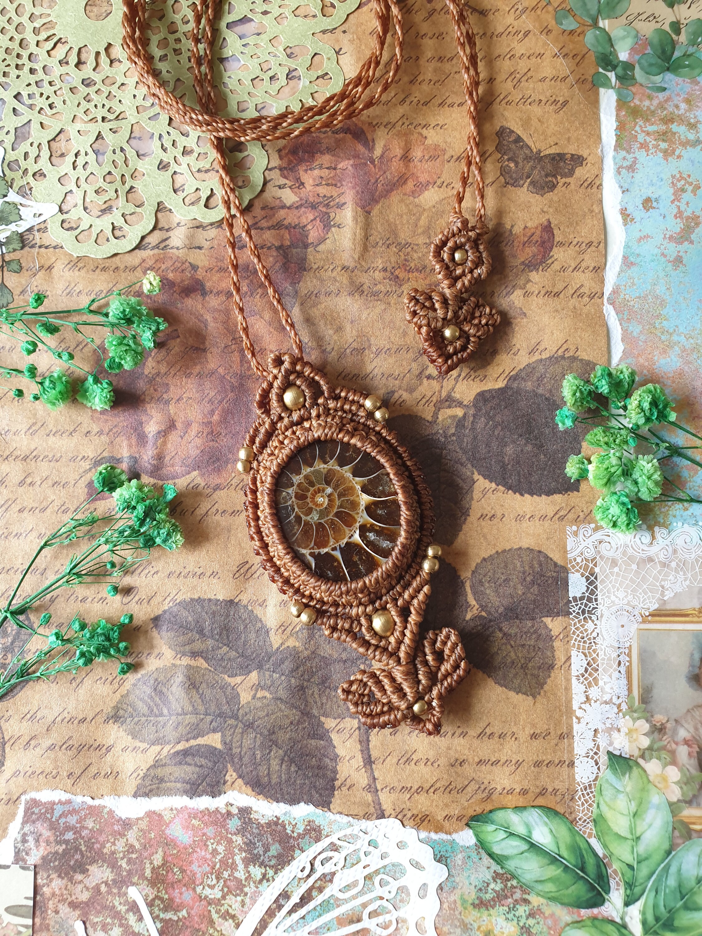 Amonite Macrame Pendant Necklace | Brass Beaded Micro Macrame Jewellery