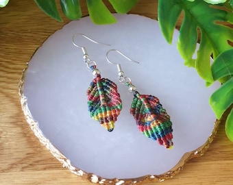 Macrame Leaf Earrings | Rainbow Earrings | multicoloured Macrame Dangle | Boho Hippie Jewelry