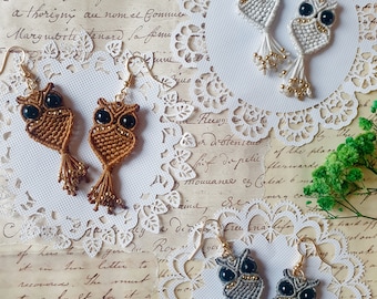 Owl Dangle Earrings | Micro Macrame Owl Jewellery | Gold Beaded Tassle Drop Earrings