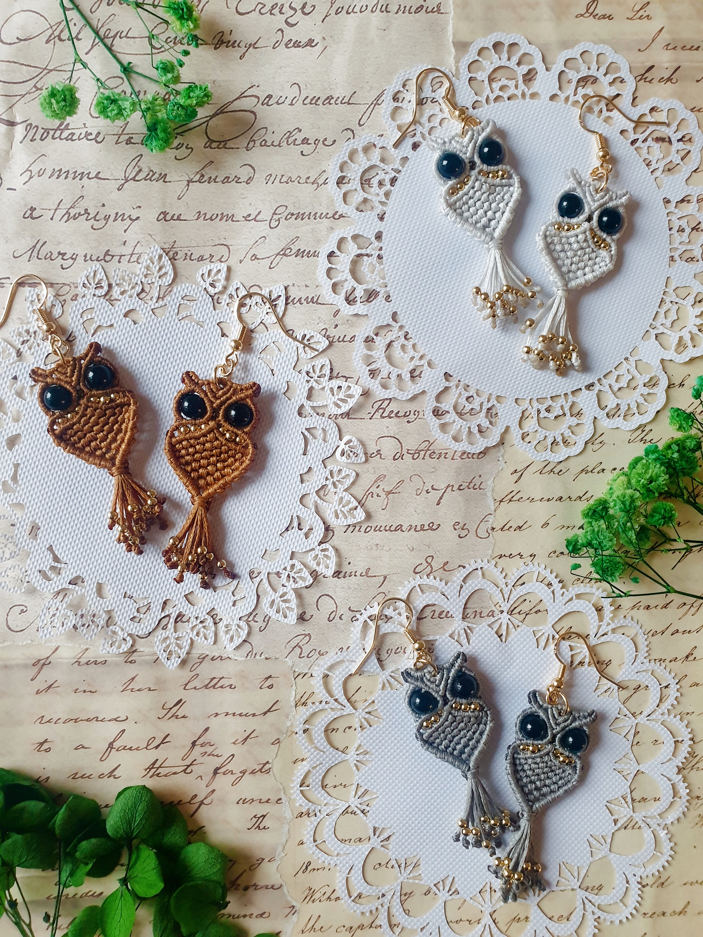 Micro Macrame Owl Earrings: Gold Beaded Tassel Dangles