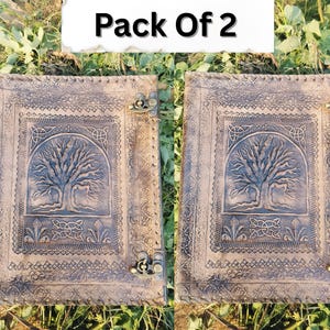 May include: Two brown leather journals with embossed tree of life designs. Each journal has a metal clasp and decorative border. The text "Pack Of 2" is at the top. The journals are on a bed of green grass.
