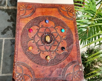 Handmade Personalized Leather Journal with Seven Chakra Stones | Ideal for Education, Secrets, and Grimoires | Unique Birthday Gift