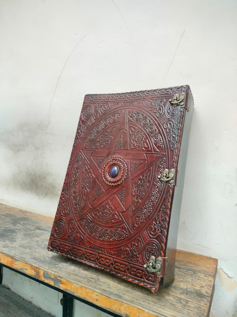 Handmade Large Pentagram Leather Journal, Lapis Stone, Grimoire, Christmas Gift, Personalized Book image 12