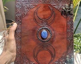 Handgemaakte maan lapissteen lederen grimoire: A4 navulbare map met 3 ringen