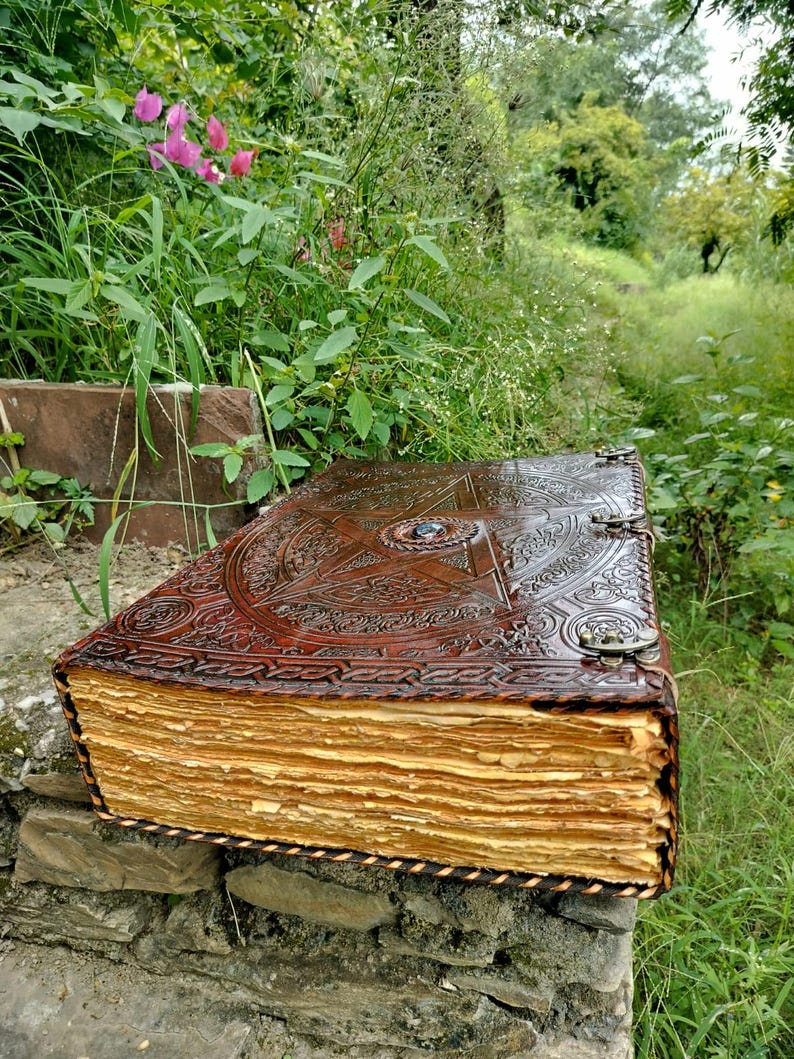 May include: A large, antique-style leather-bound journal with intricate embossed designs and a central star emblem. The aged pages have a golden hue, and the journal is secured with metal clasps. The journal is resting on a stone wall, surrounded by greenery.