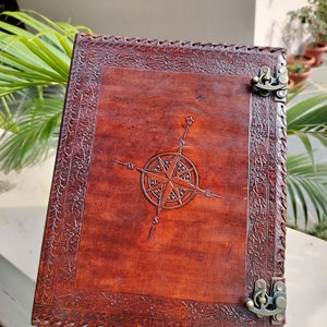 Personalized leather grimoire, refillable binder, compass design.