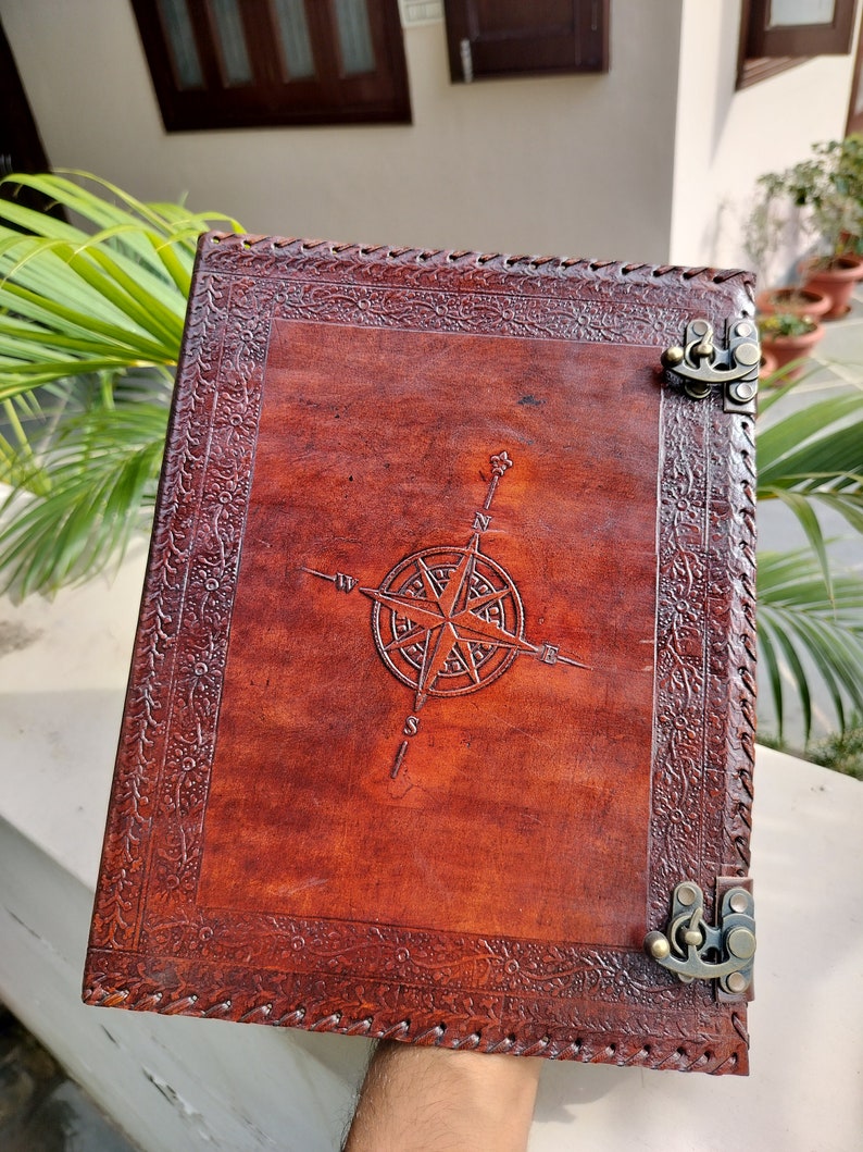 Personalized leather grimoire, refillable binder, compass design.