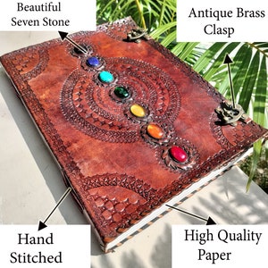 Handmade Leather Journal: Seven Chakra Stones, Brass Clasp, 200 Pages