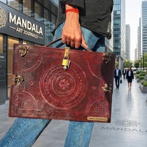 Embossed Leather Briefcase, Vintage Suitcase with Lock, 12x17 Inch Document Holder
