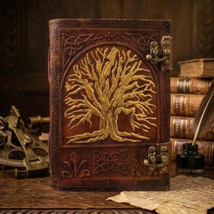Personalized Leather Gold Tree of Life A4 Binder, Refillable Planner with Brass Clasp