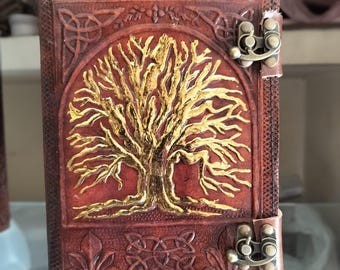 Handmade Golden Tree Of Life Leather Journal Grimoire, Travel Book, Gift For Him Here
