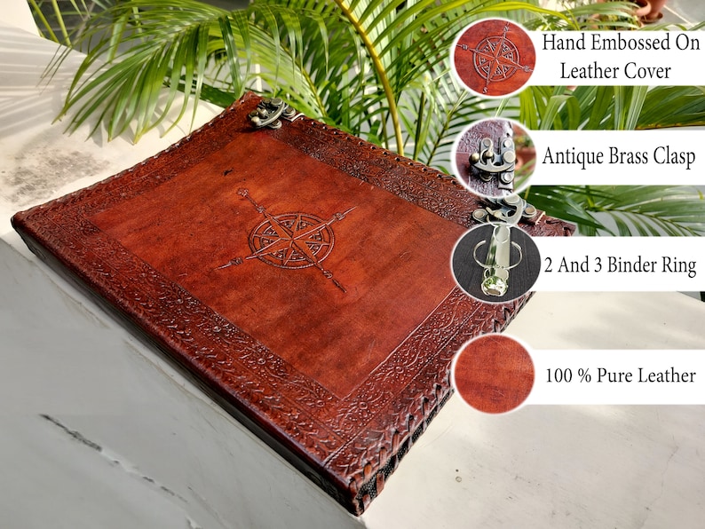 Unique Custom Compass Leather Folder: Refillable Grimoire, Office Ring Binder, Perfect Birthday Gift & Professional Portfolio 画像 2