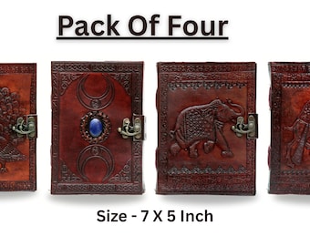 Pack of Four Embossed Leather Journals – Elephant, Camel, Peacock, Moon Designs (7x5 Inch)