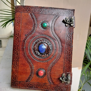 Handcrafted Leather Grimoire Journal: Custom Three Stone Design, 200 Pages, 10x7 Inches. Personalized Artistry, Ideal Gift