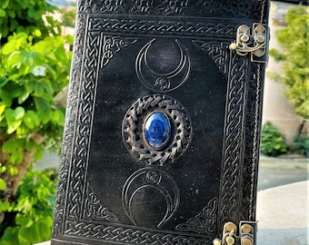Handmade Moon Leather Grimoire: Triple Moon Lapis Journal, DND Book