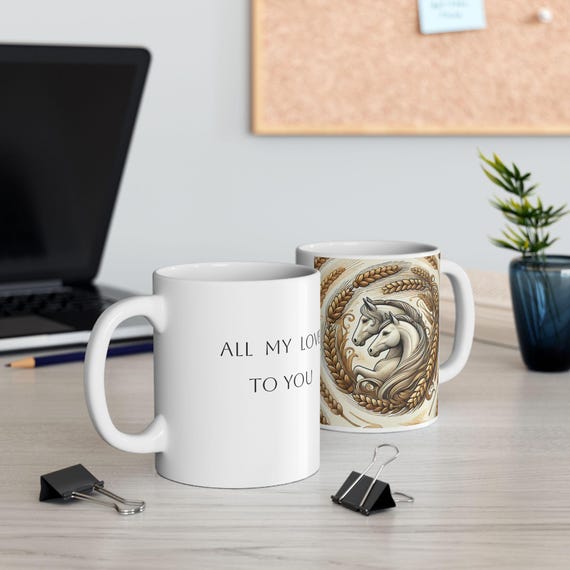 Elegant Horse & Wheat Ceramic Mug, Perfect Gift for Horse Lovers, Coffee Lover's Gift, Farmhouse Decor, Inspirational Mug, 11oz/15oz