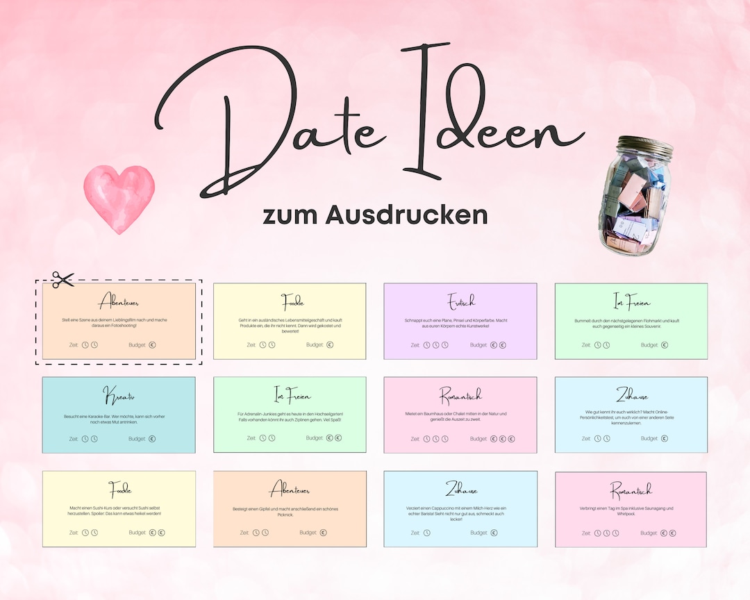 132 einzigartige Date Ideen Karten zum Ausdrucken für ein DateIdeenGlas Abenteuer Romantisch