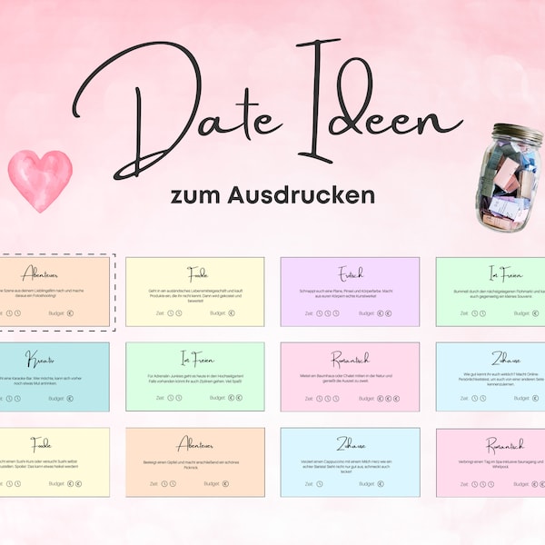 132 tarjetas únicas de ideas para citas imprimibles para un tarro de ideas para citas | Citas románticas de aventura para el hogar | Regalo de bricolaje alemán
