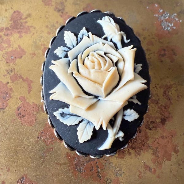 Vintage French Cameo Brooch, Noir Rose Dress Clip, 1960s
