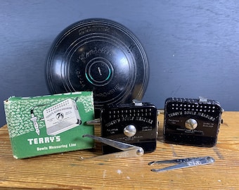 Vintage Lawn Bowling tape/Terry's Bowls measuring line with ground spike and caliper - one has original box