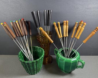 French Vintage fondue/raclette forks with wooden or retro black plastic handles