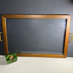 Vintage Glass tray with wooden frame and brass handles, 1930s