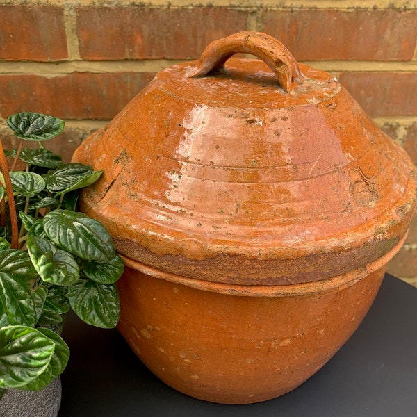Antique Terracotta lidded crock/Bread Crock or large confit pot with lid 1800s to early 1900s