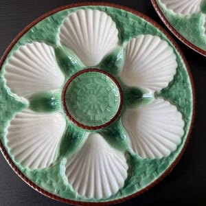 Vintage French oyster plates, Longchamp green and white dishes