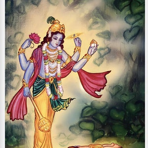 May include: A framed painting depicting a multi-armed deity with blue skin, wearing a golden crown and yellow garments. The deity holds various objects, including a lotus flower and a mace. A figure lies on the ground in front of the deity, with a lush green background.