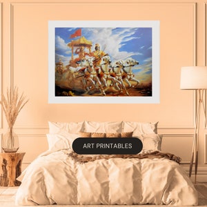 May include: A painting of a chariot pulled by six white horses, driven by a man in a golden chariot. The chariot is decorated with gold and red accents. The painting is set against a blue sky with white clouds.
