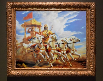 Krishna und Arjuna auf Wagen | Mahabharat Malerei | Portrait digital art | Leinwanddruck | bhagvatgeeta 90 x 60 cm