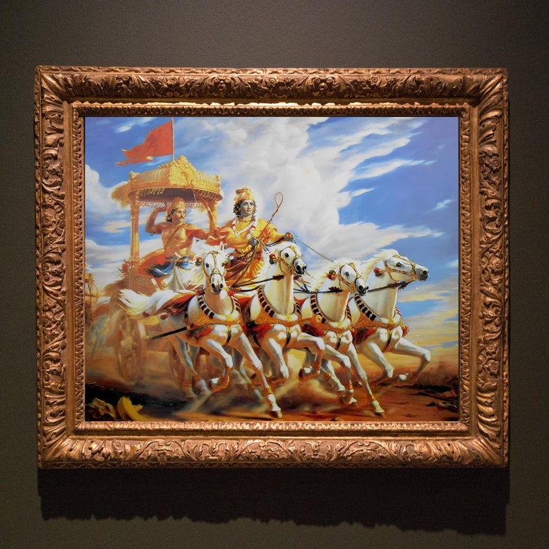 May include: A framed painting depicting a chariot pulled by six white horses. The chariot is driven by a man in a yellow robe, with another man in a blue robe standing behind him. The chariot is adorned with gold and red accents, and the background is a blue sky with white clouds.