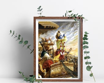 Krishna and Arjuna on chariot | mahabharat painting | portrait digital art | canvas poster | bhagvatgeeta kurukshetra battle 16.5x11.7 in