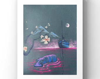 Roze Zen Nijlpaard Berglandschap Pasteltekening Kunstwerk met zeilboot en kersenbloesems