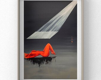 Neutraal, minimalistisch, surrealistisch en realistisch acryl ingelijst kunstwerk van een vrouwelijke vrouw met raamlicht