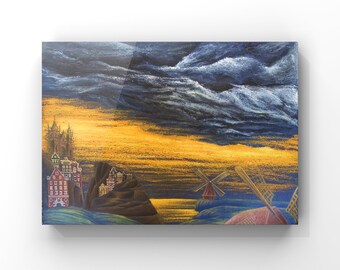 Stormy Bright Sunset Medieval Fantasy view of Dutch Houses with Countryside Windmills