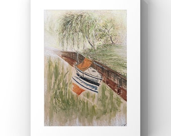 Impressionistische pastelaquareltekening van de natuurlijke Amsterdamse gracht met boom en zeilboot