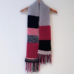 Hand Knitted Patchwork Scarf in Pink, Grey and Black