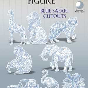 Blue Safari toile animal cutouts, props, Toile De Jouy, blue Baby Safari Watercolor decor, animal cutout, babyshower birthday party backdrop