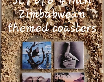 Set of 6 Zimbavwen themed Ceramic coasters. 4 inch square
