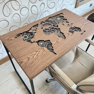 Mandala Layered Art, Drewniane biurko, Stół z mapą świata 3D, Biurko do domowego biura, Drewniane biurko komputerowe z drewna i metalu, Stół do nauki, Fornir z orzecha włoskiego