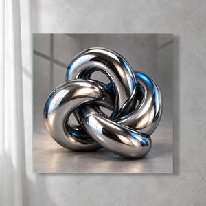 Può includere: Una scultura in cromo lucido composta da tre anelli arrotondati, lisci e interconnessi che formano un nodo continuo. La superficie metallica riflette la luce e i colori circostanti, creando una finitura lucida sulla struttura tubolare.