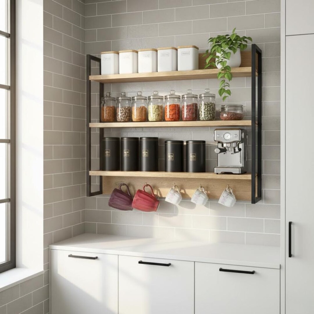 Wall Mounted Metal Spice Rack - Kitchen Organizer Shelf - Metal Storage ...