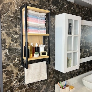 Wall-Mounted Towel Rack with Shelf - Bathroom Storage - Black Metal & Wood Organizer - Modern Rustic Home Decor - Optional Bamboo Towels